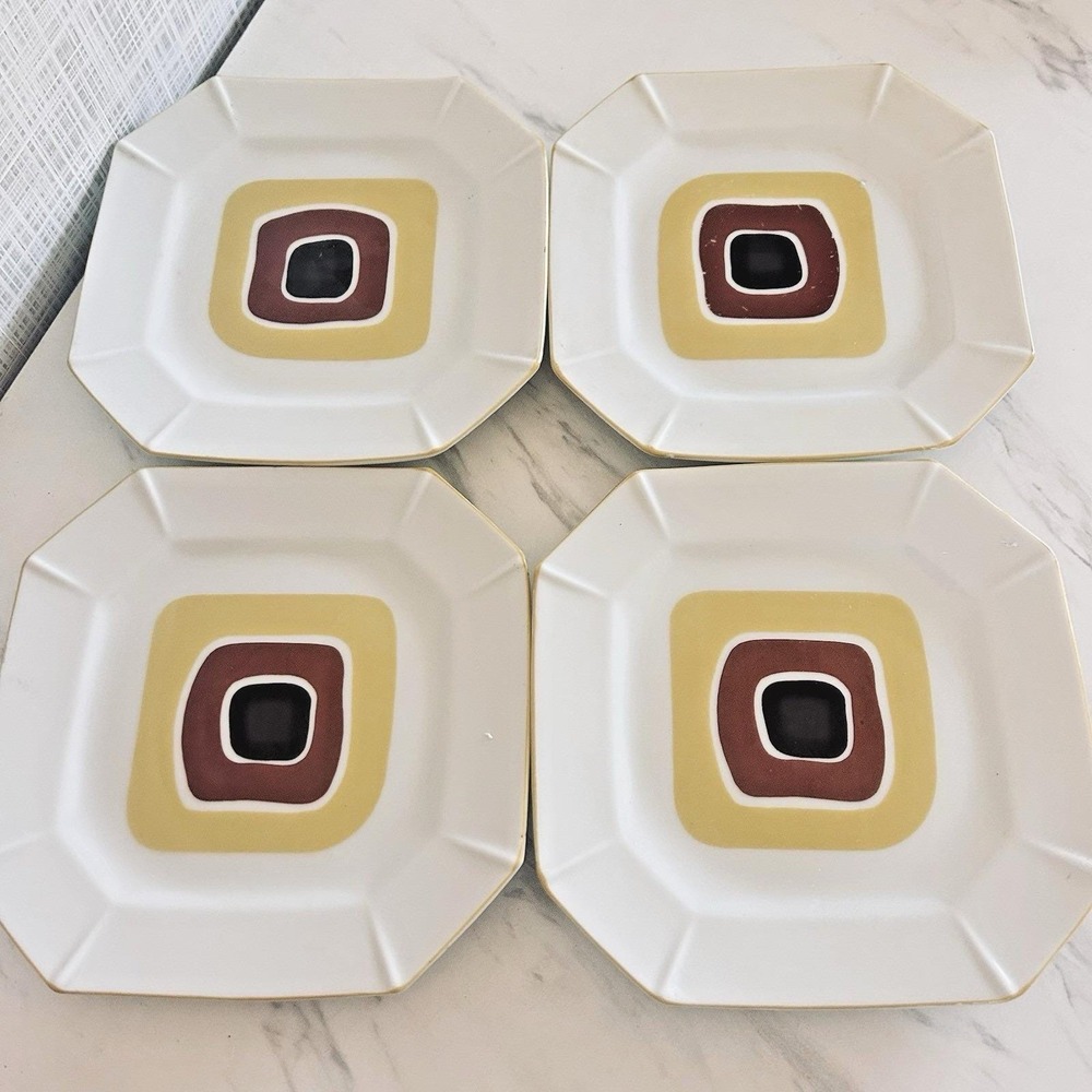 Vintage MCM Retro Abstract Square Yellow Brown Black 7.5" Dessert Plate Lot of 4